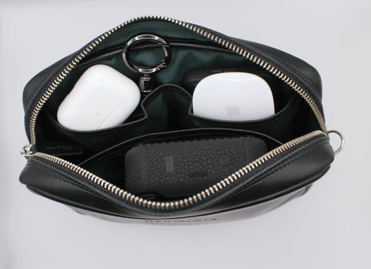 Estuche Organizador Heredero Cuero Negro, con forro interior Verde