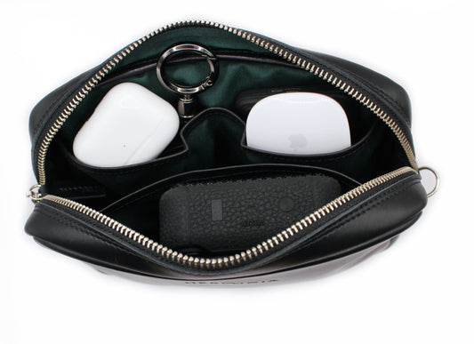 Estuche Organizador Heredero. Cuero premium Negro, forro interior verde