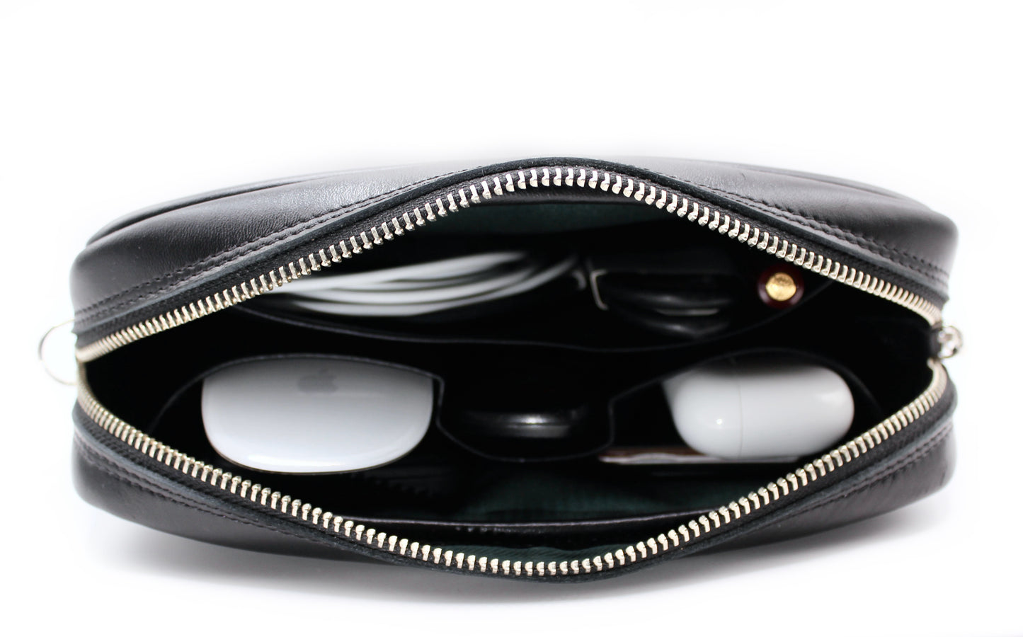 Estuche Organizador Heredero. Cuero Premium Negro, forro interior Verde