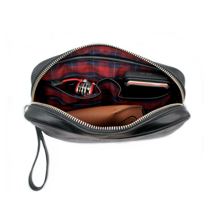 Estuche Organizador Heredero. Cuero Premium Negro, forro interior Rojo Escocés.